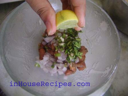 Now add chopped Onion, Coriander Leaves, Green Chili and Lemon juice